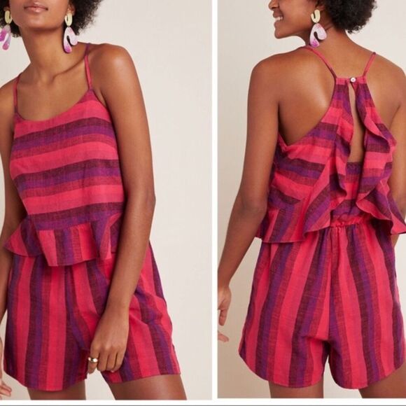 Striped Anthropologie Amadi Linen Ruffle Trim Racerback Romper Shorts (NWT) - Picture 1 of 4